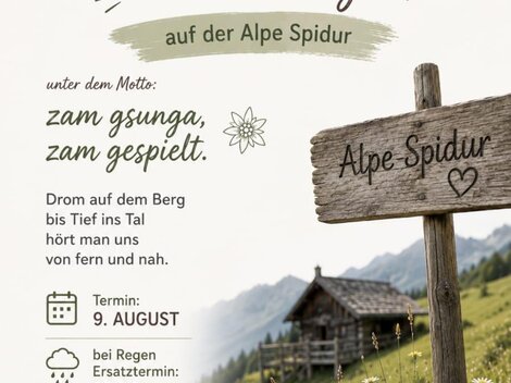 An invitation to a musical afternoon at Alpe Spidur. The event takes place on August 1 and starts at 12 p.m.