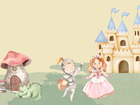 A colorful fairy tale landscape with a castle, a knight, and a princess. Next to them stand a dragon and a mushroom with books.