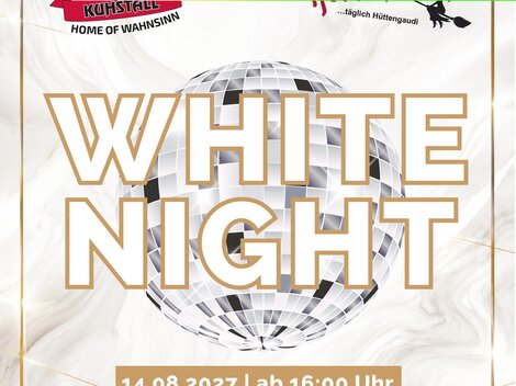Ein Plakat für die "White Night" mit einem Glitzerball und einem weißen Hintergrund. Es enthält Informationen zum Datum, zur Uhrzeit und zum Dresscode.