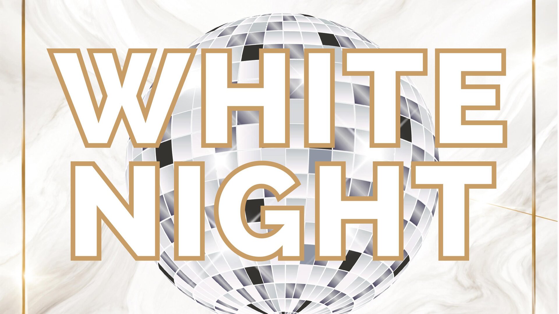 Ein Plakat für die "White Night" mit einem Glitzerball und einem weißen Hintergrund. Es enthält Informationen zum Datum, zur Uhrzeit und zum Dresscode.