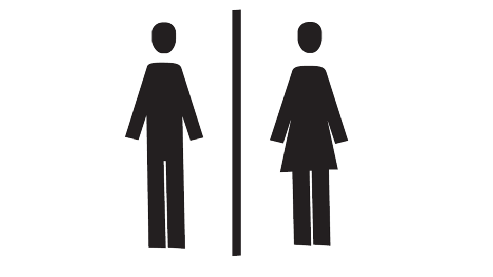A symbol for men's and women's restrooms. It shows two stylized figures, one male and one female, separated by a line.