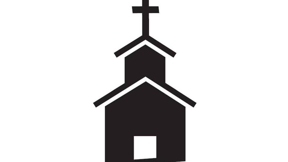 A stylized representation of a church with a cross. The shape is simple and black-and-white.