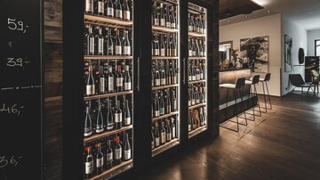 A stylish wine shop with a wide selection of bottles in an elegant glass cooler. In the background, a modern bar with seating can be seen.