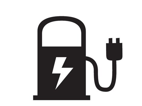 A stylized depiction of an electric vehicle charging station. It shows a column with a power plug and a lightning bolt symbol.