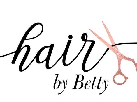 A stylish logo for a hair salon named "Hair by Betty". It features the lettering in an elegant font and a pair of scissors.