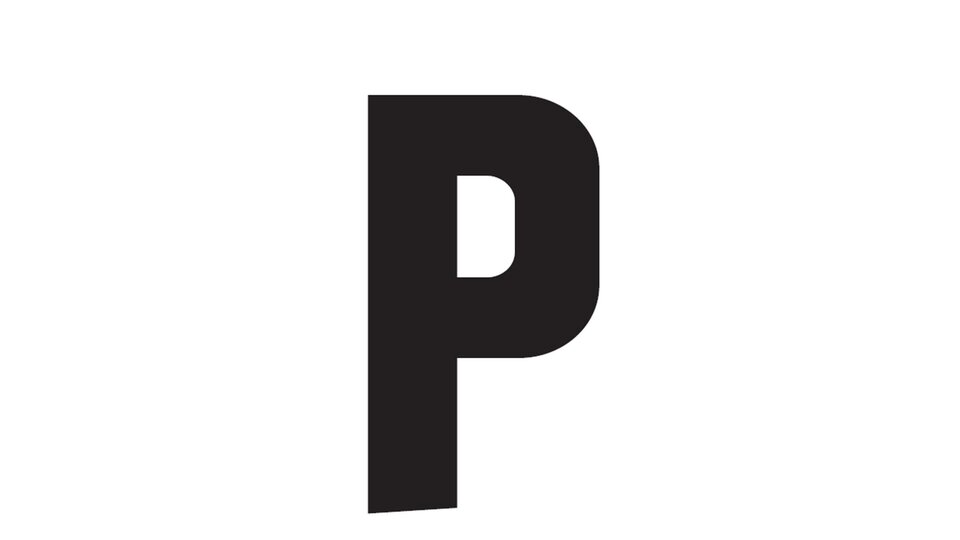 A large, black "P" on a white background. The design is simple and modern.