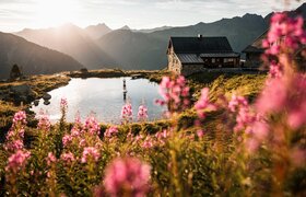 A picturesque landscape with blooming pink flowers in the foreground. In the background, there is a cabin by the shore of a tranquil lake, surrounded by mountains at sunset.