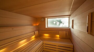 A modern sauna with warm wood and soft lighting. A window lets in daylight and creates a relaxing atmosphere.